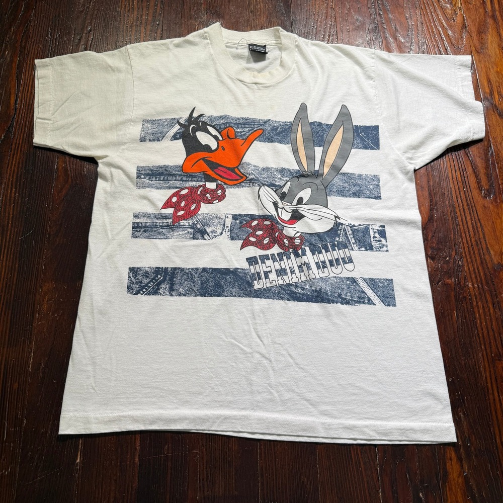 Vintage Looney Tunes Shirt Men XL White Bugs Bunny Daffy Denim Duo Screen Stars